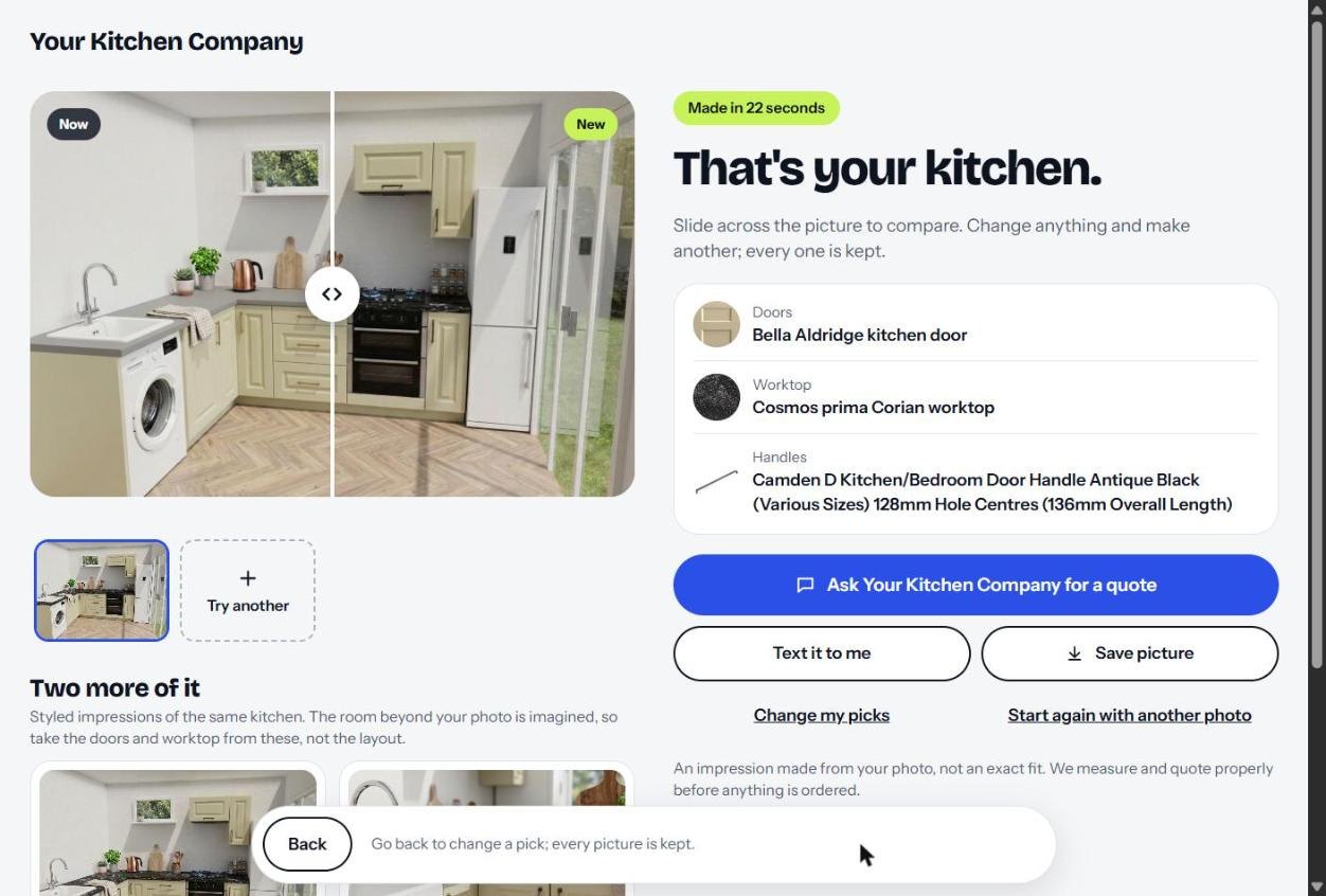 Photo render result: the customer's own kitchen with a Now and New slider, the chosen doors, worktop and handles listed, and an Ask for a quote button