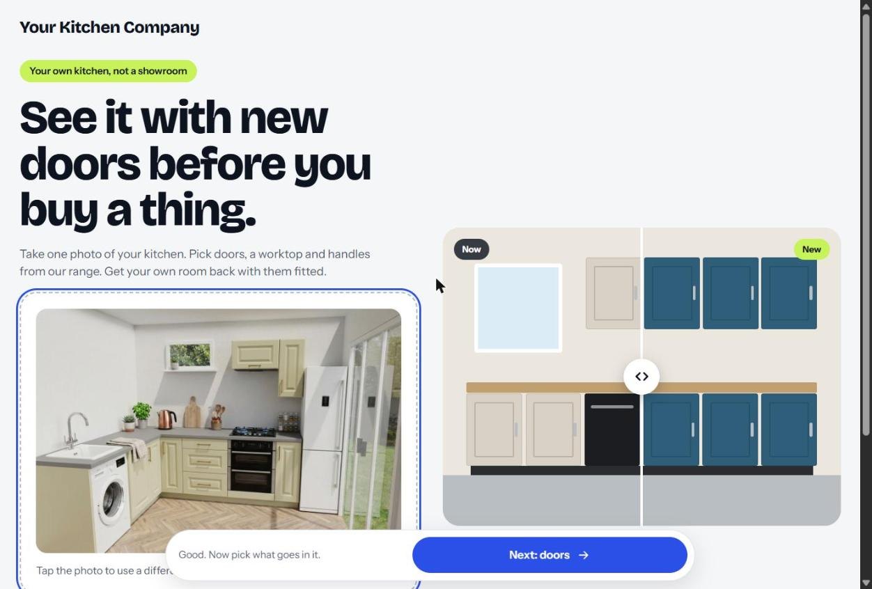 Photo render start page with a kitchen photo uploaded and a Now and New example