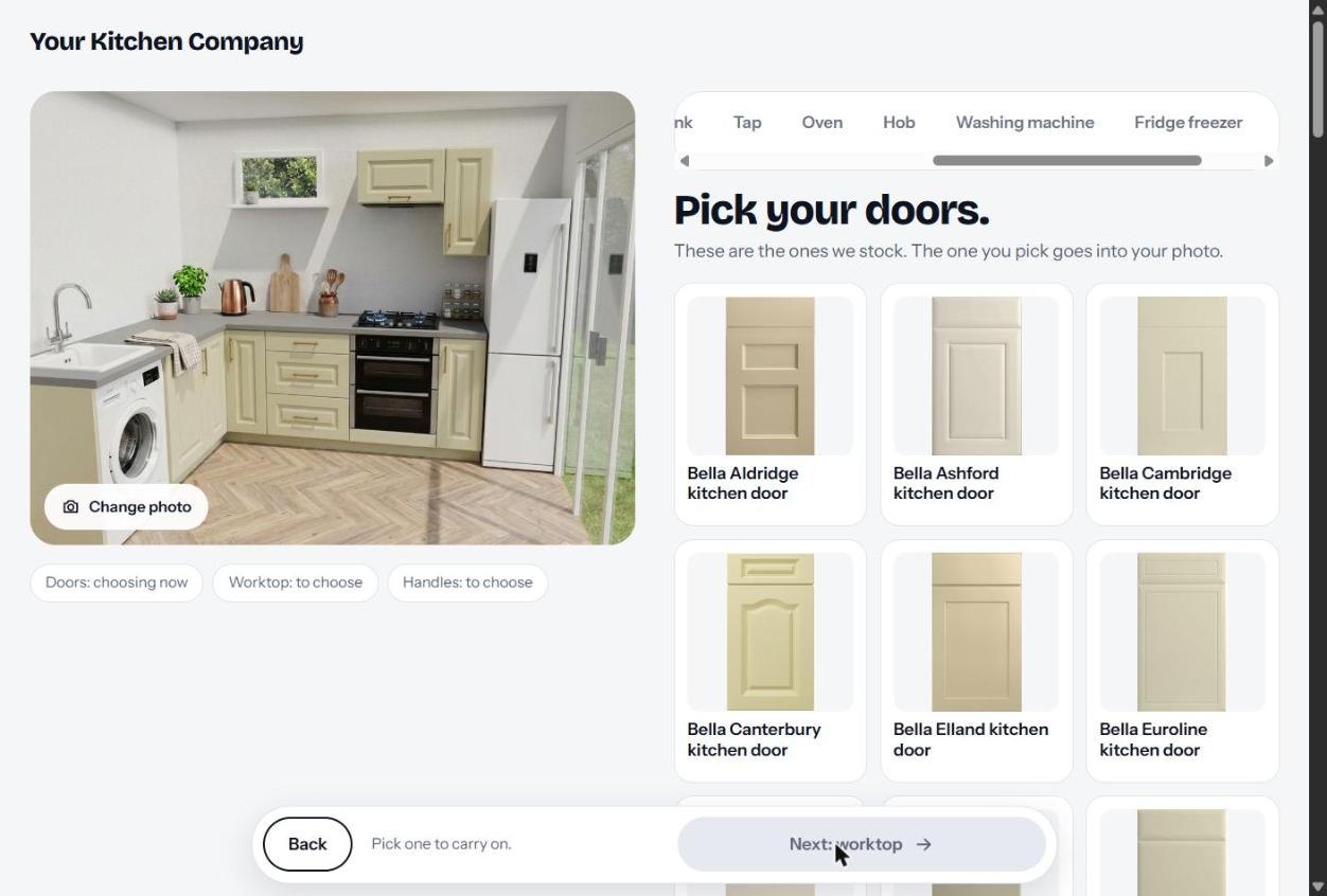 Pick your doors step showing the customer's photo beside a grid of stocked door styles