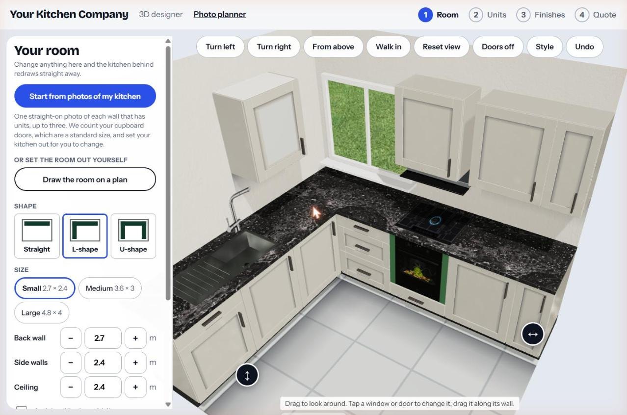 Room step with shape, size and wall length controls beside the 3D kitchen