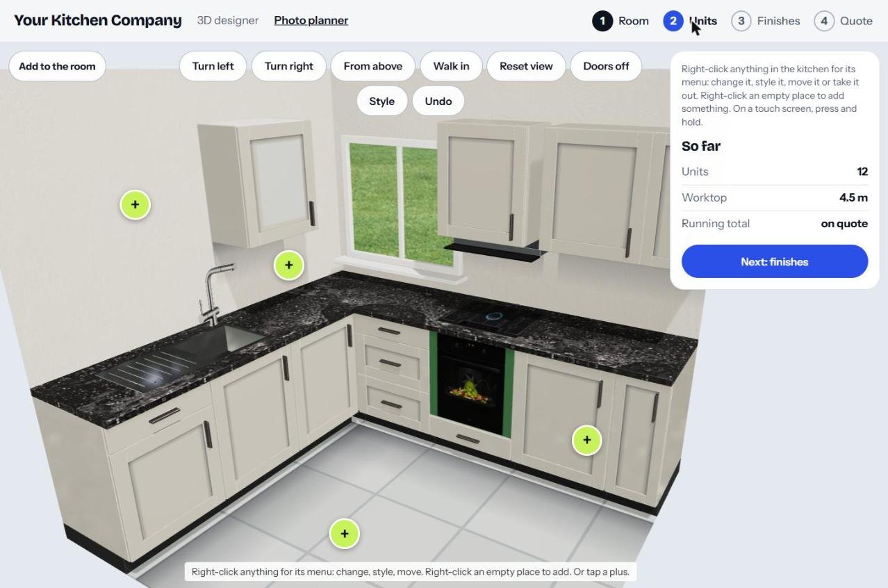 Units step showing plus markers for adding units and a summary of 12 units and 4.5 m of worktop