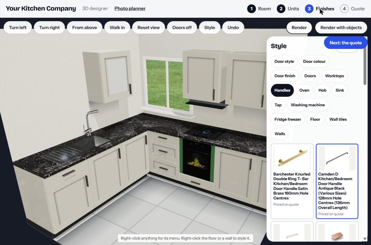 Finishes step with the Style panel open on handles, listing real handle products, and Render buttons at the top