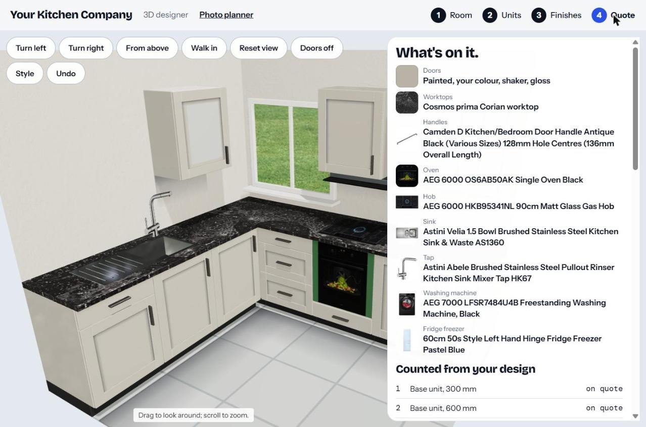 Quote step listing the chosen doors, worktop, handles, oven, hob, sink, tap and appliances, with units counted from the design